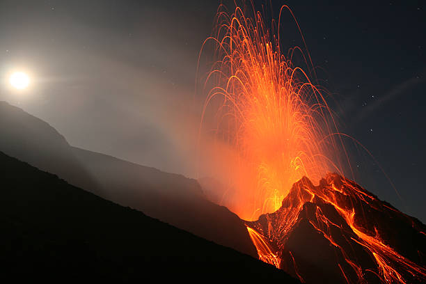 Night eruption at Stromboli volcano stock photo