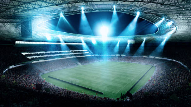 Night football arena in lights close up. soccer stadium. stock photo