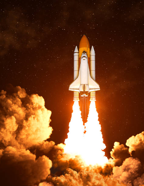 Night Launch Of The American Space Shuttle Night Launch Of The American Space Shuttle. 3D Illustration. rocket fire stock pictures, royalty-free photos & images