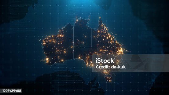 istock Night Map of Australia with City Lights Illumination 1297439408