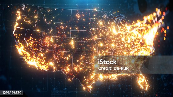 istock Night Map of USA with City Lights Illumination 1293496370