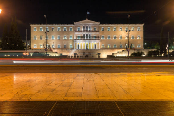 Night photo of The Greek parliament in Athens, Greece stock photo