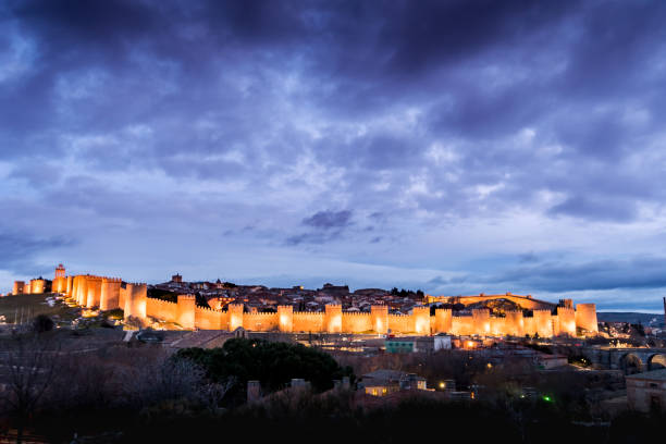 Night photography of the walls of Avila (Spain) stock photo