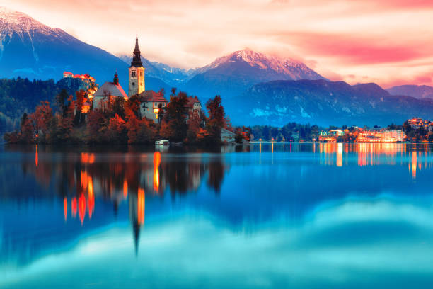 Night scene of Bled lake in Slovenia Night scene of Bled lake in Slovenia, famous and popular travel destination for romantic couple in love. Artistic toning landscape. slovenia stock pictures, royalty-free photos & images