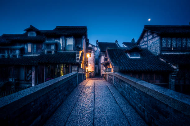 Night Scene of Stone Bridge in Wuzhen, China China - East Asia, Wuzhen, Asia, Bridge - Built Structure, Famous Place wuzhen stock pictures, royalty-free photos & images