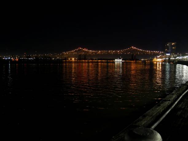 Night shot with the lights of the bridge reflected in the waters of Mississippi River, New Orleans. stock photo