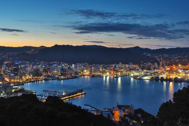 Night view from Mt Victoria over Wellington, New Zealand stock photo