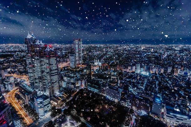 雪のある新宿の夜景画像 - 東京雪 ストックフォトと画像
