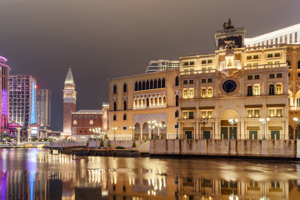 Night view of building in Venetian style in Cotai, Macau Beautiful night view of amazing building in Venetian style reflected in water in Cotai of Macau. Wonderful cityscape. Cotai is a new gambling and tourism area with casinos and shopping malls. the venetian macao stock pictures, royalty-free photos & images