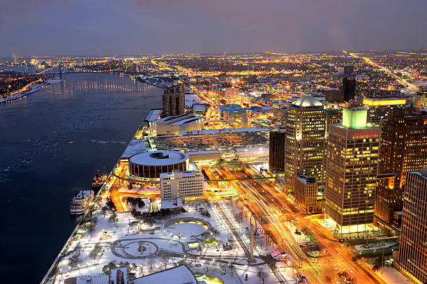 Night View of Detroit, Michigan USA stock photo