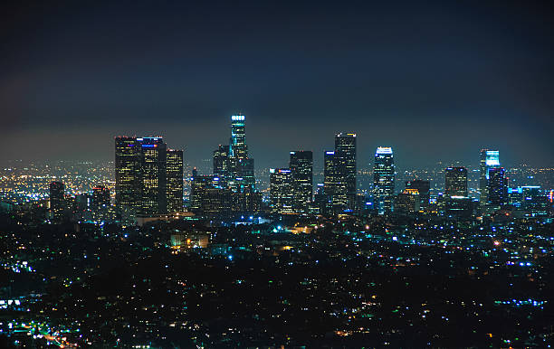 Night view of downtown Los Angeles, California United States stock photo