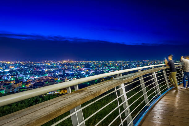 Night view of Taichung City from Aofong Hill, Taiwan. stock photo