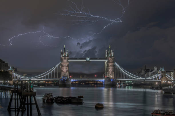 Night with storm and lightning. Heavy weather over London and Uk. Could be caused by UK's nature or Brexit. stock photo