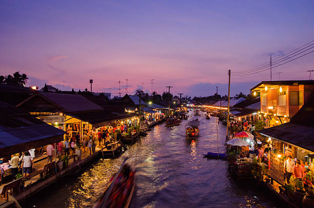 Nightlife floating market Amphawa stock photo