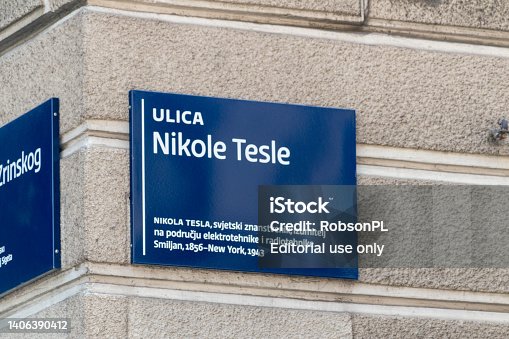 Nikola Tesla sign. Street in Zagreb.