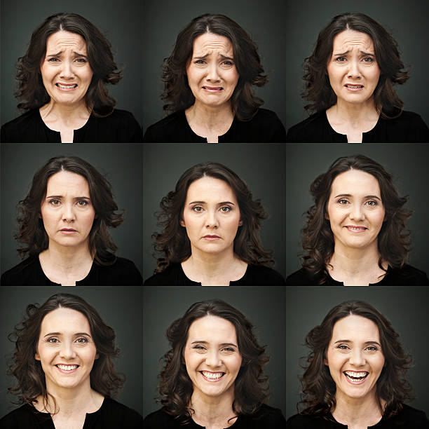nine picture collage of woman making many faces - bildserie bildbanksfoton och bilder