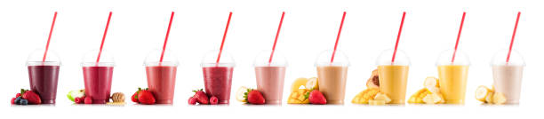Nine tastes of smoothie in plastic Nine tastes of smoothie in plastic cup isolated on white background mango smoothie stock pictures, royalty-free photos & images