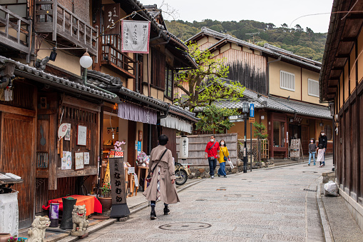 Kyoto, Japan - 4 Apr 2021 : Gojozaka Street, a street running from east to west in the vicinity of the Kiyomizu-dera temple, in morning. There is famous Yasaka-no-to Pagoda (Hokaiji Temple) in image