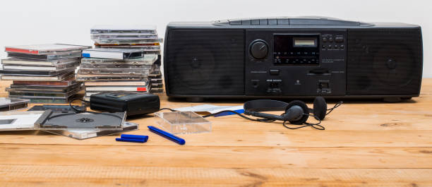 nineties cassette cd player header stock photo