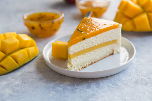 No Bake mango Cheesecake. Healthy dessert. Vegetarian food. Raw food. Raw dessert. Piece of cake. Summer slice cake stock photo