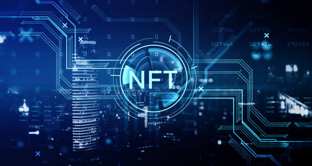 Non-fungible token hologram on virtual screen, nft with network circuit and numbers. Downtown cityscape on background. Concept of cryptoart and technology stock photo