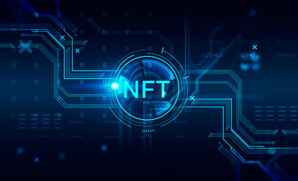 Non-fungible token hologram on virtual screen, nft with network circuit and numbers. Dark background. Concept of crypto art and technology stock photo