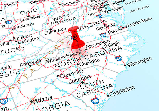 North Carolina Map Red Thumbtack Over North Carolina State USA Map. 3D rendering north carolina us state stock pictures, royalty-free photos & images
