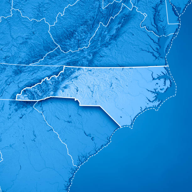 North Carolina State USA 3D Render Topographic Map Blue Border 3D Render of a Topographic Map of the State of North Carolina, USA.
All source data is in the public domain.
Boundaries Level 1: USGS, National Map, National Boundary Data.
https://viewer.nationalmap.gov/basic/#productSearch
Relief texture and Rivers: SRTM data courtesy of USGS. URL of source image: 
https://e4ftl01.cr.usgs.gov//MODV6_Dal_D/SRTM/SRTMGL1.003/2000.02.11/
Water texture: SRTM Water Body SWDB:
https://dds.cr.usgs.gov/srtm/version2_1/SWBD/ north carolina us state stock pictures, royalty-free photos & images
