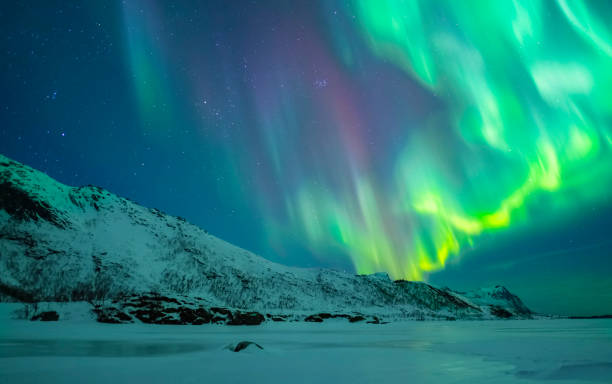 noorderlicht, aurora borealis over de lofoten eilanden in noord-noorwegen tijdens de winter - northern light stockfoto's en -beelden