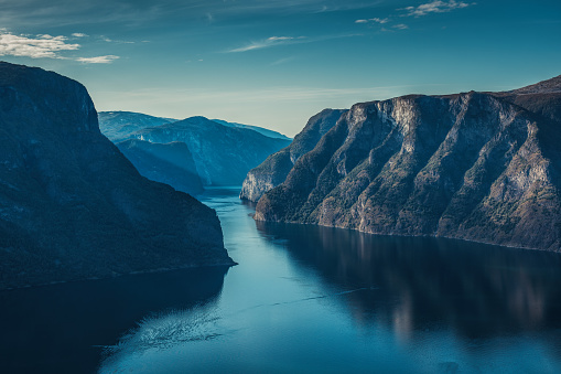 Norway fjord landscape. Morning soft blue colors.