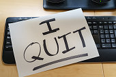 istock Note on a keyboard with the text I QUIT. Great resignation concept 1356191215