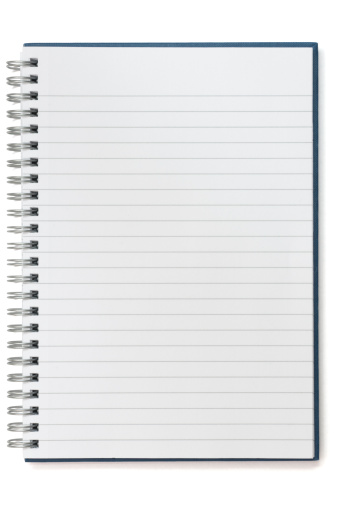 An A5 lined spiral-bound notepad with dark blue hardback cover, isolated on a white background, with clipping path.