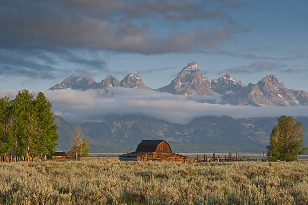 Moulton Barn in Front of the Teton Range Nothing speaks of rural America like an old barn. Sadly, many of these wooden relics have fallen into disrepair or simply disappeared. The few still remaining remind us of a time when small farms produced most of the food we eat. This barn is depicted with the rugged Teton Range as a backdrop. The historic John and Bartha Moulton barn sits on Mormon Row in Grand Teton National Park near Jackson, Wyoming, USA. jeff goulden mountain stock pictures, royalty-free photos & images