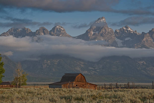 John and Bartha Moulton Barn Nothing speaks of rural America like an old barn. Sadly, many of these wooden relics have fallen into disrepair or simply disappeared. The few still remaining remind us of a time when small farms produced most of the food we eat. This barn is depicted with the rugged Teton Range as a backdrop. The historic John and Bartha Moulton barn sits on Mormon Row in Grand Teton National Park near Jackson, Wyoming, USA. jeff goulden barn stock pictures, royalty-free photos & images