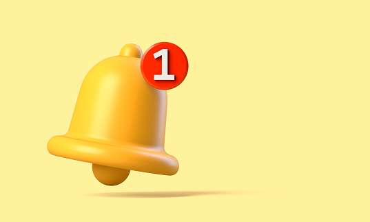 Cartoon Minimal Orange Ringing bell icon isolated on yellow background. 3d illustration.