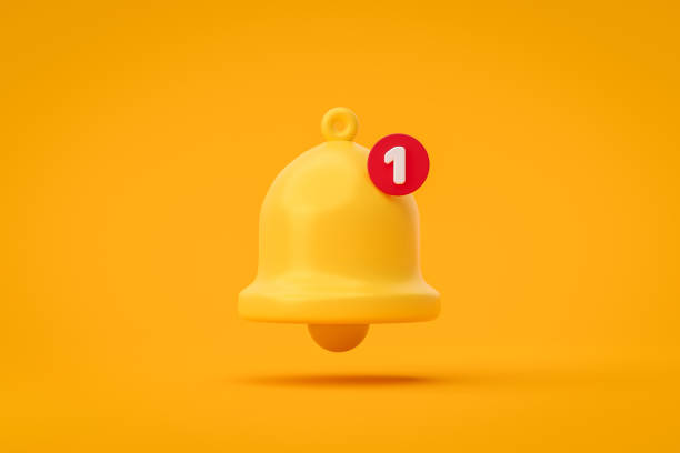 Notification message bell icon alert and alarm on yellow background with smartphone reminder. 3D rendering. stock photo