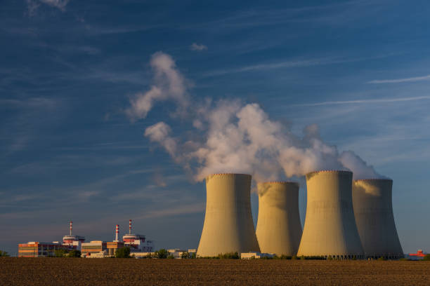Nuclear power plant near Temelin village in autumn color evening stock photo