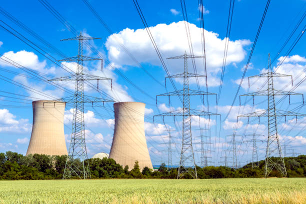 Nuclear power plant with power poles stock photo