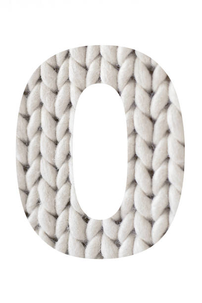 Number " 0 " is a knitted number isolated on a white background. Illustration of a collection of alphabet numbers of knitted pigtails background for a design project, poster, postcard, invitation. stock photo