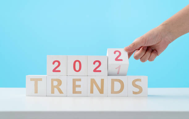 Number 2022 and word trends on the table stock photo