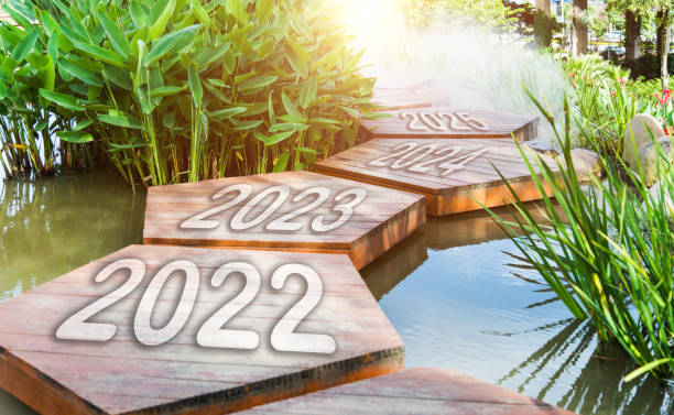 Number 2022 to 2025 on wooden walkway on the water stock photo