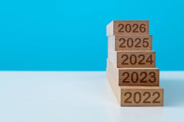 Number 2022 to 2026 on wooden block staircase stock photo