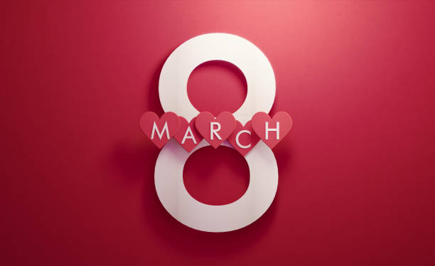 Number eight and heart shapes on red background. March is written over heart shapes. Horizontal composition with copy space. 8 March International Women's Day concept..