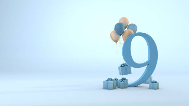Number 9 birthday celebration blue gift box and pink balloons. 3D Render stock photo