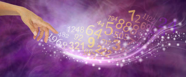 Numerology is far more than just NUMBERS female hand appearing to create a swish of sparkles and a flow of random numbers on a pink purple energy formation background numerology stock pictures, royalty-free photos & images