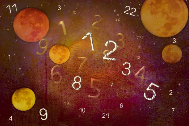 numerology on the background of planets and space walls - numerologia imagens e fotografias de stock