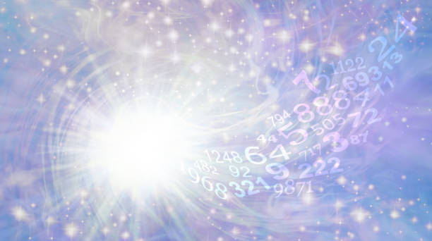 Numerology Vortex Ethereal Background Bright white light burst rotating star with sparkles on ethereal pastel blue purple with a flow of random numbers spiraling towards the white light numerology stock pictures, royalty-free photos & images