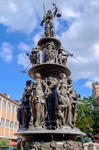 Nuremberg, Tugendbrunnen - Fountain of the Virtues, created by Benedikt Wurzelbauer in 1589 (Bavaria, Germany)
