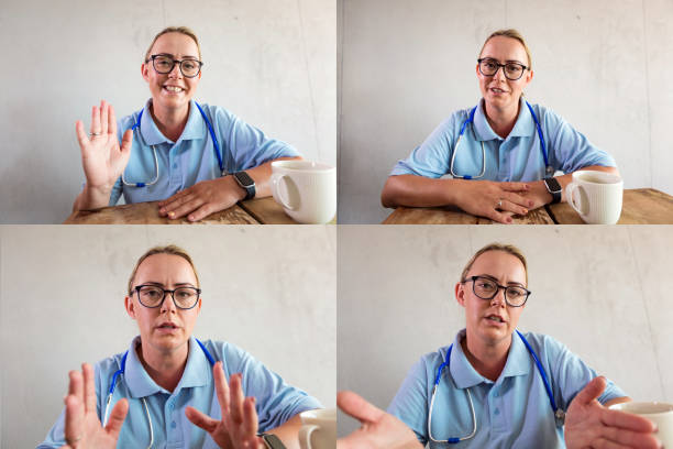 Nurse during video call Four faces of nurse having video conference, using laptop. Composite images. nurse talking to camera stock pictures, royalty-free photos & images