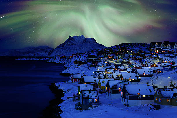Nuuk Old Town Northern Light stock photo